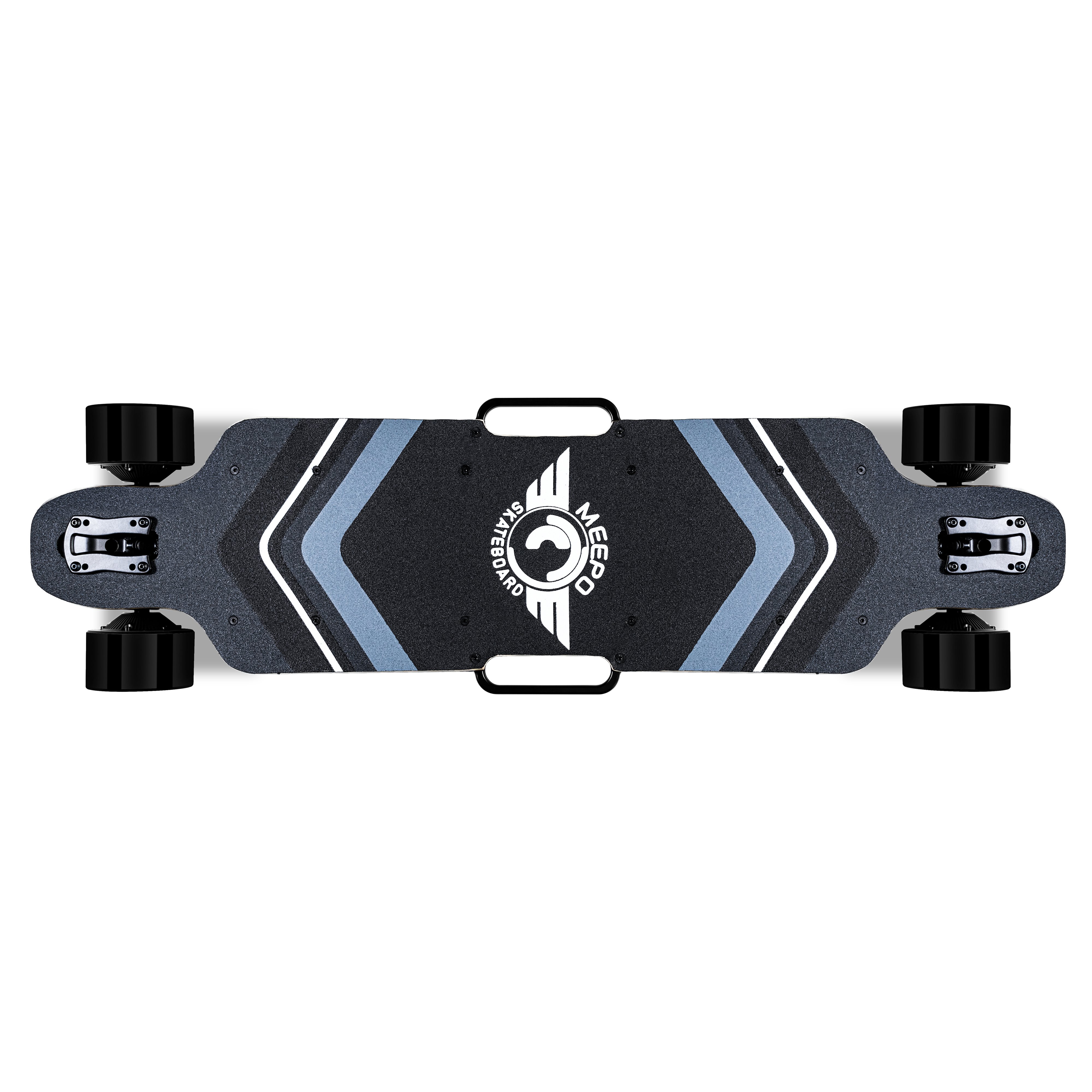 AWD Electric Skateboard - Top View with Grip Tape, Handles, Top of Wheels View